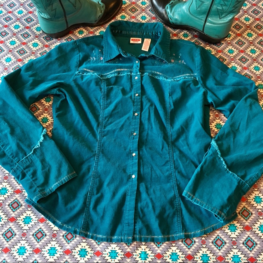 Bling button western shirt with flower embroidery